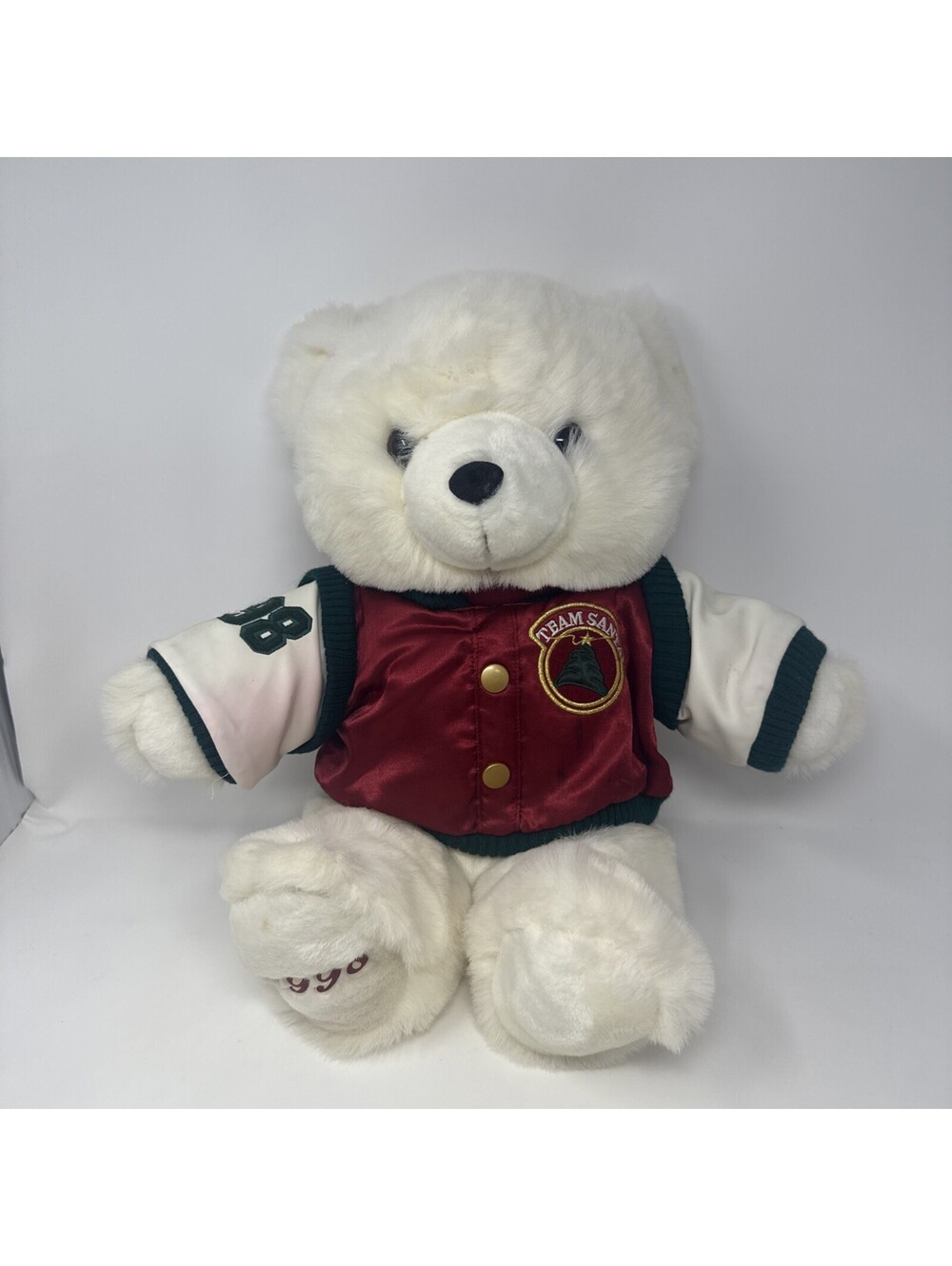 Vintage 1998 Main Joy Team Santa Varsity Jacket Christmas Teddy Bear Plush